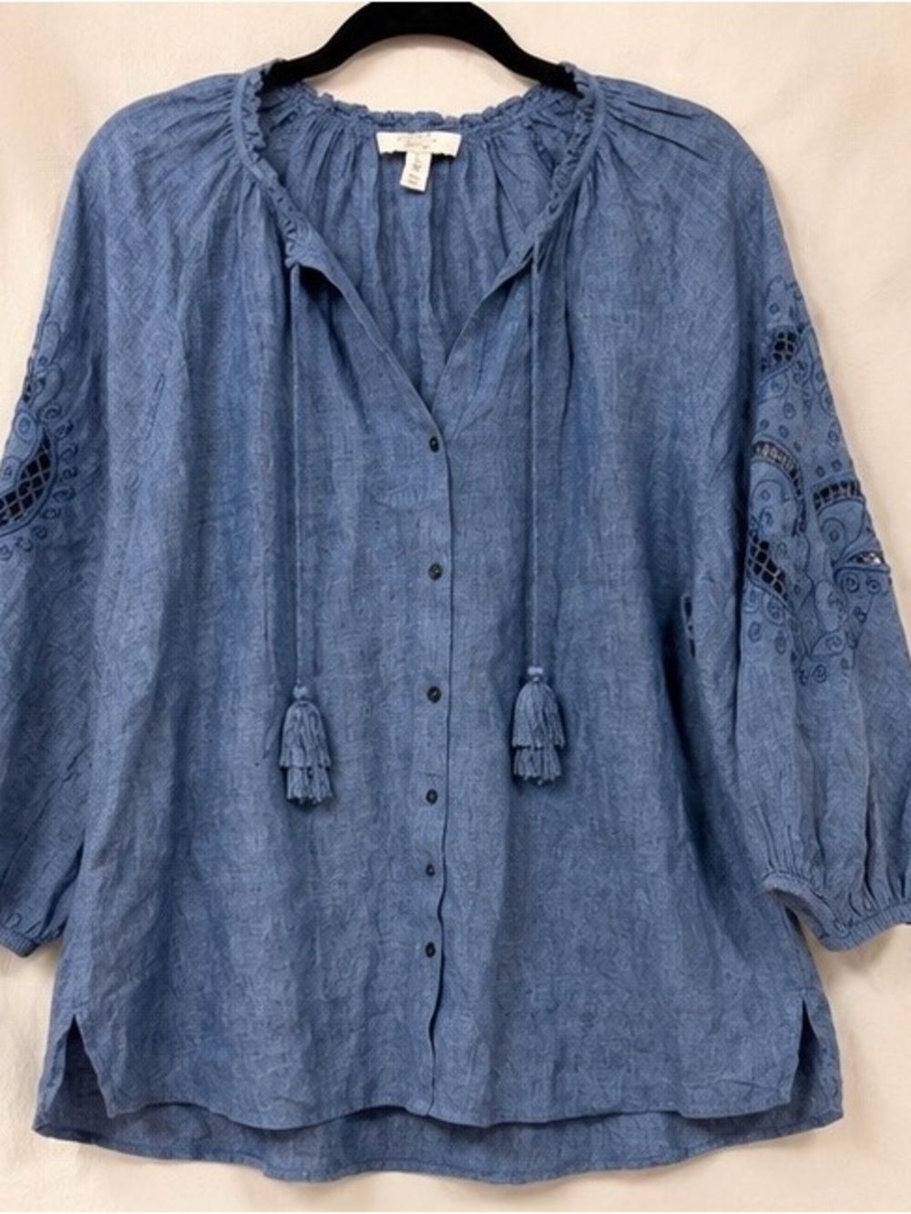Charter Club Luxury Blue 100% Linen Embroidered Peasant Blouse XL